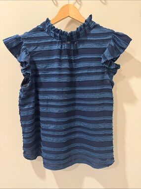 Striped Ruffle Sleeve Navy Blouse